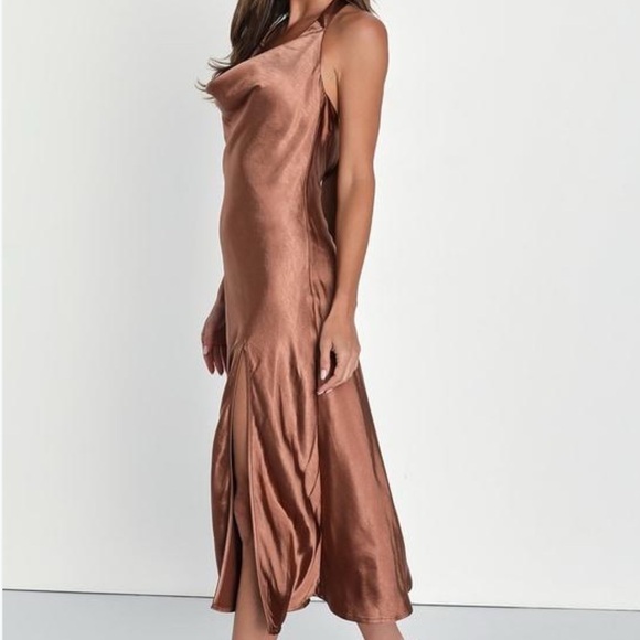 Lulus Sophisticated Impression Brown Satin Backless Cowl Midi Dress - Picture 6 of 7